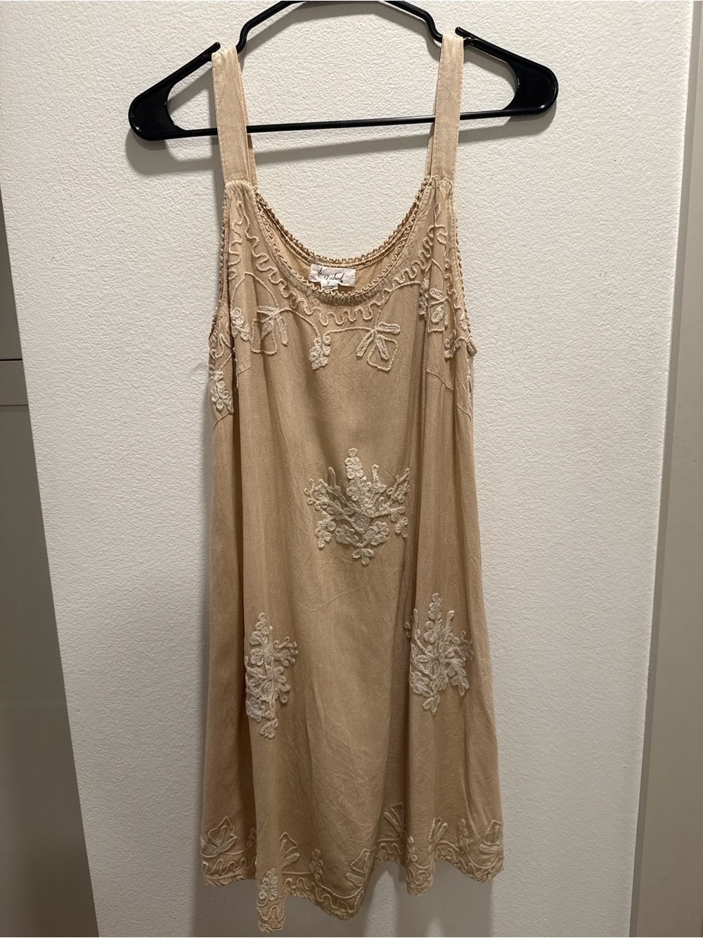 Daisy Island Embroidered Boho Mini Dress Beige Festival Slip